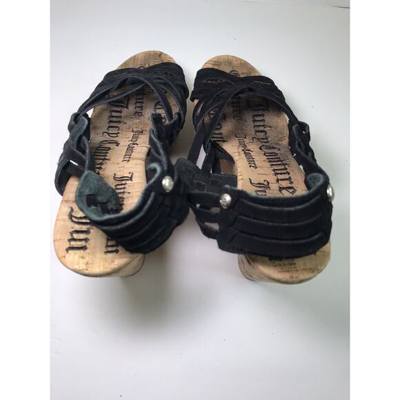 Juicy Couture Women's 6.5 Suede Cork Strappy Black Wedge Sandals Y2K Boho Retro - Picture 11 of 13